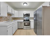 Modern kitchen features stainless steel appliances, white cabinets, and neutral backsplash at 635 S Alton Way # 6A, Denver, CO 80247