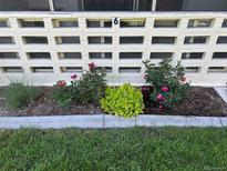 Close up of flower garden bedded beneath unit number in cinder block facade at 635 S Alton Way # 6A, Denver, CO 80247