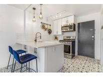 Charming kitchen featuring white cabinets, stainless steel appliances, and a stylish patterned floor at 789 N Clarkson St # 406, Denver, CO 80218