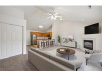 Inviting living room featuring a fireplace, modern furnishings, and an open layout into the kitchen at 18080 Becket Dr, Parker, CO 80134