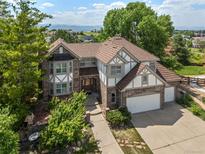 Stunning two-story brick home with a beautiful roof and well-maintained landscaping at 9117 Buck Hill Dr, Highlands Ranch, CO 80126