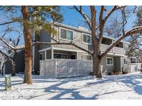 Exterior view of a multi-story home with mature trees and a snowy front yard at 1180 S Monaco Pkwy # 3, Denver, CO 80224