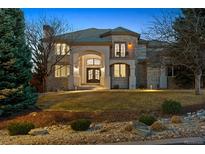 Stunning home featuring a manicured lawn and elegant architectural design, creating a welcoming curb appeal at 10162 Prestwick Trl, Lone Tree, CO 80124