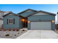 Charming single-Gathering home featuring a two-car garage, gray siding, and a well-maintained front yard at 6005 Sandstone Cir, Frederick, CO 80516