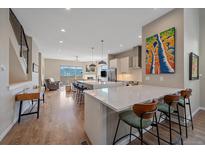 Open concept kitchen with large island and seating, stainless steel appliances and hardwood floors at 756 Dreamcatcher Ln, Evergreen, CO 80439