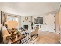 Cozy living room features a fireplace, neutral tones, and a striped rug at 14602 E 2Nd Ave # 200C, Aurora, CO 80011