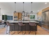 Modern kitchen with stainless steel appliances, an island with barstool seating and lovely pendant lighting at 9561 Silver Hill Cir, Lone Tree, CO 80124