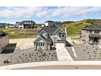 Beautiful two-story home with a modern design, well-manicured front yard, and a two car garage at 1672 Fox Trotter Pt, Castle Rock, CO 80104
