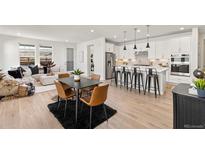 Bright, open-concept living space with a modern kitchen, dining area, and a comfortable seating area at 17412 W 93Rd Pl, Arvada, CO 80007