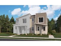 Modern two-story home featuring mixed siding, large windows, and professional landscaping at 24108 E Warm Springs Ave, Aurora, CO 80019