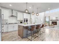 Bright, open kitchen with large island, pendant lighting, stainless steel appliances, and fireplace view at 14066 Ivanhoe Ct, Thornton, CO 80602