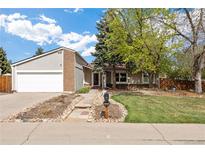 Charming home with a well-maintained front yard, mature trees, and stone pathway leading to the entrance at 4650 S Laredo St, Aurora, CO 80015