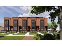 Modern brick townhomes feature black accents, small front yards and sidewalks in a neighborhood setting at 115 W 2Nd Ave # 101, Denver, CO 80223