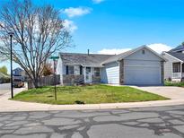 Charming single-story home with blue siding, stone accents, and well-manicured front yard at 5280 E 128Th Way, Thornton, CO 80241