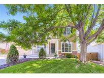 Charming two-story home with a well-manicured lawn and mature tree providing shade, enhancing curb appeal at 9264 Fox Fire Ln, Highlands Ranch, CO 80129