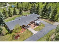 An aerial view of a ranch-style home with a brick patio, pergola, and lush landscaping surrounded by mature trees at 27436 Kennedy Gulch Rd, Conifer, CO 80433