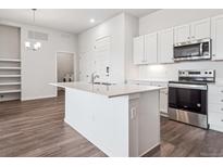 Modern kitchen with stainless steel appliances, island, and white cabinetry at 485 Interlocken Blvd # 101, Broomfield, CO 80021