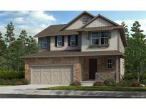 Charming two-story home featuring stone and vertical siding, attached garage, and covered front porch at 15426 Krameria St, Thornton, CO 80602