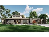 A modern home with stone accents and professional landscaping, set against a backdrop of mature trees and blue skies at 1721 Arrowpoint Ct, Franktown, CO 80116