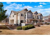 Charming townhome with two-tone exterior, well-manicured landscaping, and inviting curb appeal at 15800 E 121St Ave # 4G, Brighton, CO 80603