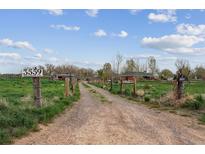 Picturesque property featuring a long driveway leading to a charming home, surrounded by mature trees and open fields at 3559 Meadow Ln, Brighton, CO 80603
