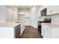 Bright kitchen with white cabinets, stainless steel appliances, and a large island at 2186 Flower Blossom Ave, Brighton, CO 80601