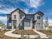 Modern townhome exterior with mixed materials, professional landscaping and inviting walkway at 1222 S Algonquian St, Aurora, CO 80018