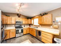 Well-appointed kitchen featuring wooden cabinets, a stainless steel stove and microwave, and plenty of counter space at 43388 Somerset Ct, Elizabeth, CO 80107