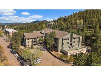 An exterior view of the home surrounded by nature and trees under a blue sky at 31270 John Wallace Rd # 310, Evergreen, CO 80439