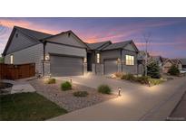 Beautifully landscaped home showcasing two-car garages and warm exterior lighting at dusk at 7404 Greenwater Cir, Castle Rock, CO 80108