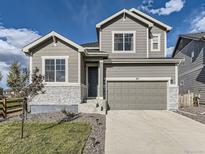 Charming two-story home with gray siding, stone accents, and a well-manicured front lawn at 917 White Leaf Cir, Castle Rock, CO 80108