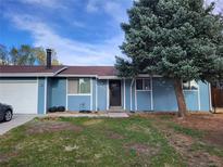 Charming single-story home featuring light-blue siding, a brown roof, and a well-maintained front yard with a mature tree at 13050 Hazel Ct, Broomfield, CO 80020