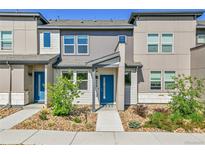 Modern townhome with a blue front door, landscaped yard, and neutral colored exterior at 6459 N Dunkirk St, Denver, CO 80249