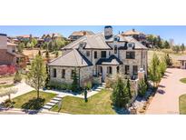Stunning stone-clad home featuring a multi-gable roof, manicured lawn, and a welcoming stone walkway at 10704 Flowerburst Ct, Highlands Ranch, CO 80126