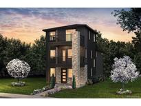 Stunning modern three-story home featuring a stone column, black exterior, and multiple balconies at 8633 Middle Fork St, Littleton, CO 80125