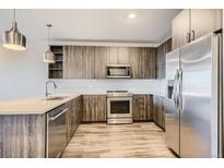 Modern kitchen featuring stainless steel appliances, wood-style cabinets, and quartz countertops at 20 Wilcox St # 316, Castle Rock, CO 80104