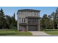 New construction home with grey horizontal siding, stone accents, balcony, 2-car garage and well manicured front lawn at 7728 S Cherokee Trl, Centennial, CO 80016
