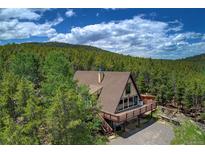 Charming A-frame home with a large deck surrounded by lush forest and mountain views at 8691 S Warhawk Rd, Conifer, CO 80433
