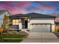 Charming single-story home with a well-manicured lawn and attached two-car garage at 17305 E 91St Pl, Commerce City, CO 80022