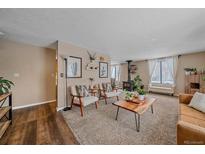 Cozy living room featuring a wood-burning stove, comfortable seating, and a warm color palette at 9336 Pierce St, Westminster, CO 80021