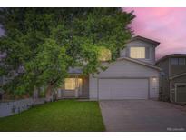 Charming two-story home with a well-manicured lawn and mature tree providing shade at sunset at 21767 Silver Meadow Ln, Parker, CO 80138