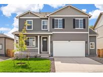 Two-story house with gray siding, white garage door, and landscaping at 6536 12Th St, Frederick, CO 80530
