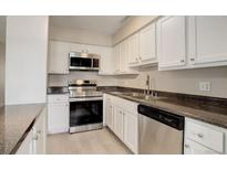 Updated kitchen features stainless steel appliances, modern hardware and white cabinets at 7165 S Gaylord St # E09, Centennial, CO 80122