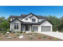 New construction home showcasing a modern farmhouse design with stone accents, board and batten siding, and a two-car garage at 5851 Las Rosas Dr, Parker, CO 80134