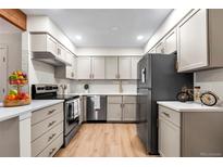 Modern kitchen with stainless steel appliances, wood floors, white countertops, and light gray cabinets at 201 Wright St # 106, Lakewood, CO 80228