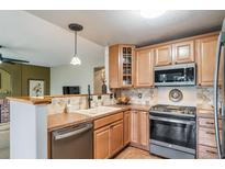 Well-lit kitchen with wood cabinets, tiled backsplash, and stainless steel appliances at 16309 Hedgeway Dr, Parker, CO 80134