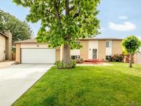 Charming home with a brick and vinyl exterior, lush lawn, mature trees, and attached two-car garage at 3914 E 116Th Pl, Thornton, CO 80233