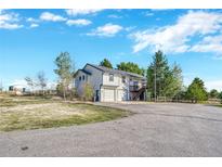 Charming two-story home features a two-car garage and a fenced yard, nestled amidst mature trees on a sunny day at 2460 Eileen Way, Parker, CO 80138
