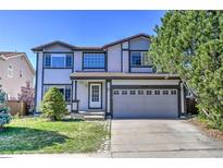 Charming two-story home featuring a well-manicured lawn and a convenient two-car garage at 9265 Roadrunner St, Highlands Ranch, CO 80129