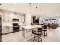 Bright kitchen with a center island, stainless appliances, gray cabinets and pendant lighting at 4051 Happy Hollow Dr, Castle Rock, CO 80104